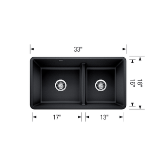 Precis 33' Granite 60/40 Double-Basin Undermount Kitchen Sink (with Low-Divide) in Anthracite (33' x 18' x 9.5')