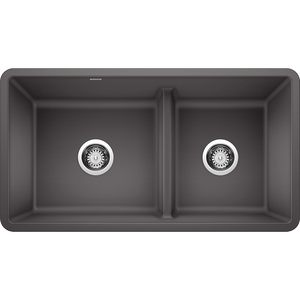 Precis 33' Granite 60/40 Double-Basin Undermount Kitchen Sink (with Low-Divide) in Cinder (33' x 18' x 9.5')