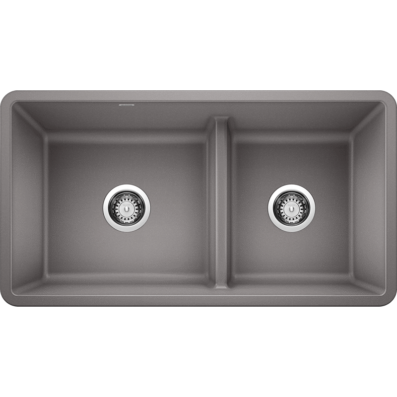 Precis 33' Granite 60/40 Double-Basin Undermount Kitchen Sink (with Low-Divide) in Metallic Grey (33' x 18' x 9.5')