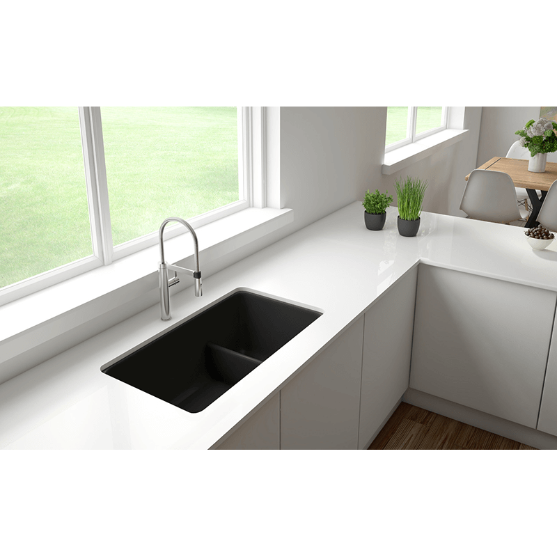 Precis 33' Granite 60/40 Double-Basin Undermount Kitchen Sink (with Low-Divide) in Metallic Grey (33' x 18' x 9.5')