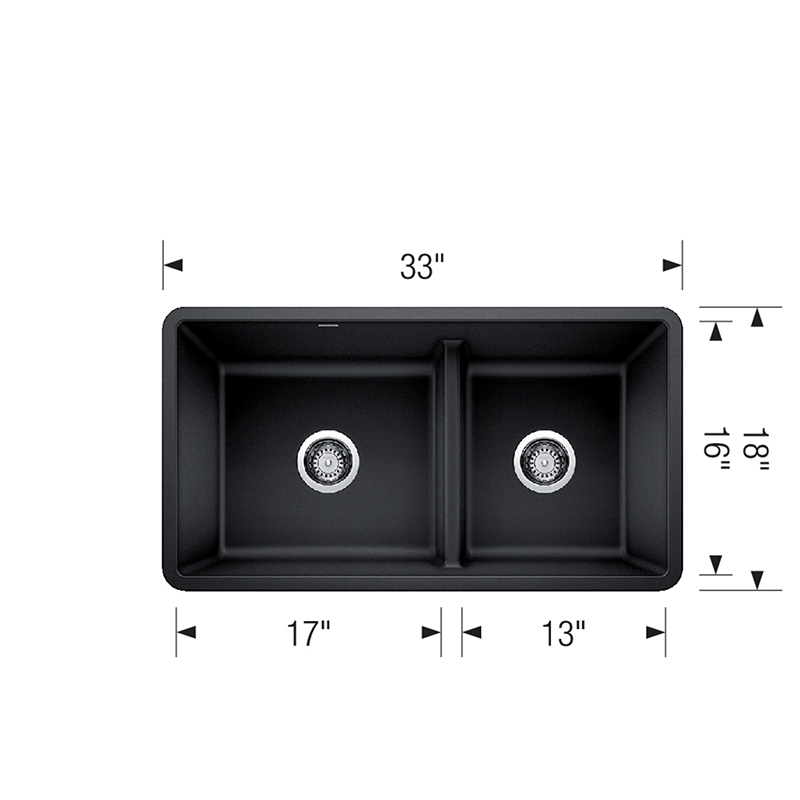 Precis 33' Granite 60/40 Double-Basin Undermount Kitchen Sink (with Low-Divide) in Metallic Grey (33' x 18' x 9.5')