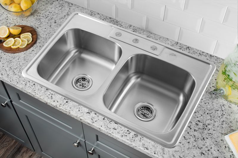 33' 50/50 Double-Basin Drop-In Kitchen Sink in Brushed Stainless Steel (33' x 22' x 8.25')