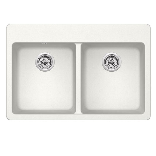 33" Quartz 50/50 Double-Basin Dual-Mount Kitchen Sink in Alpine White (33" x 22" x 9.5")