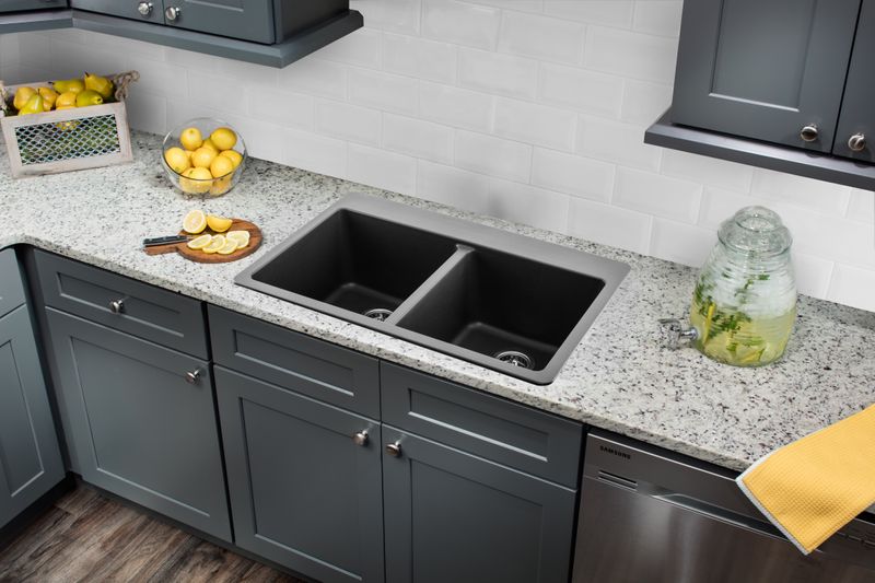33' Quartz 50/50 Double-Basin Dual-Mount Kitchen Sink in Onyx Black (33' x 22' x 9.5')