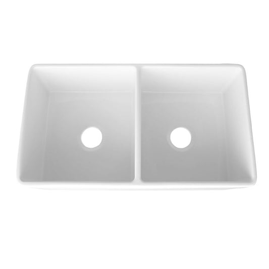 33" Fireclay 50/50 Double-Basin Undermount Kitchen Sink (with Mounting Hardware) in Gloss White (33" x 18" x 10")