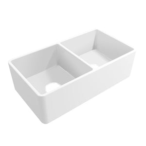33' Fireclay 50/50 Double-Basin Undermount Kitchen Sink (with Mounting Hardware) in Gloss White (33' x 18' x 10')