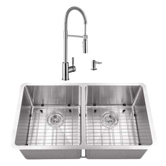 32" 16G 50/50 Radius Corner Stainless Steel Kitchen Sink and Industrial Faucet