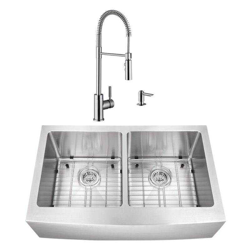 32.88' 16G 50/50 Undermount Apron-Front Kitchen Sink with Industrial Faucet