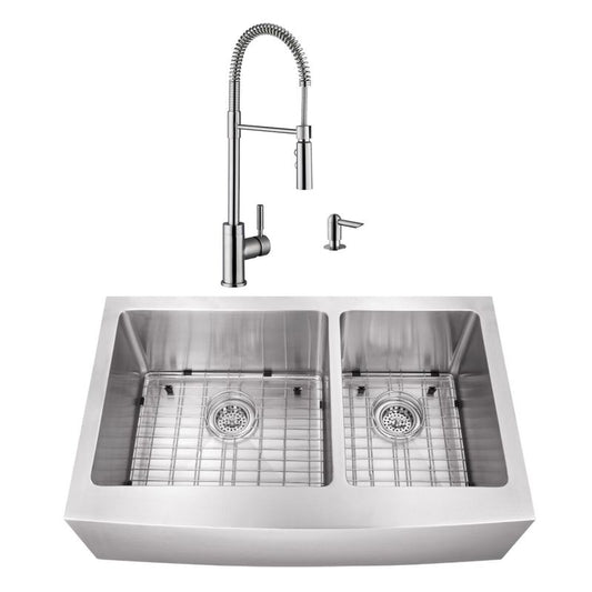 35.88" 16G 60/40 Undermount Apron-Front Kitchen Sink with Industrial Faucet