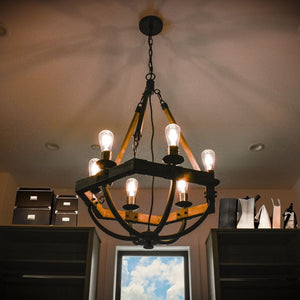 Lodge 24' 6 Light Chandelier in Bronze and Weathered Oak