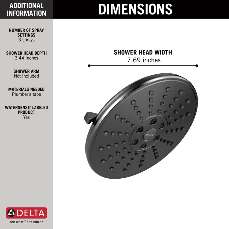 Universal Showering Components Round Showerhead in Matte Black - 3 Spray Settings