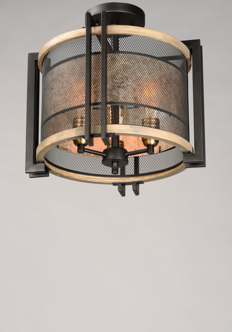 Boundry 16.5' 3 Light Flush Mount in Black and Barn Wood and Antique Brass