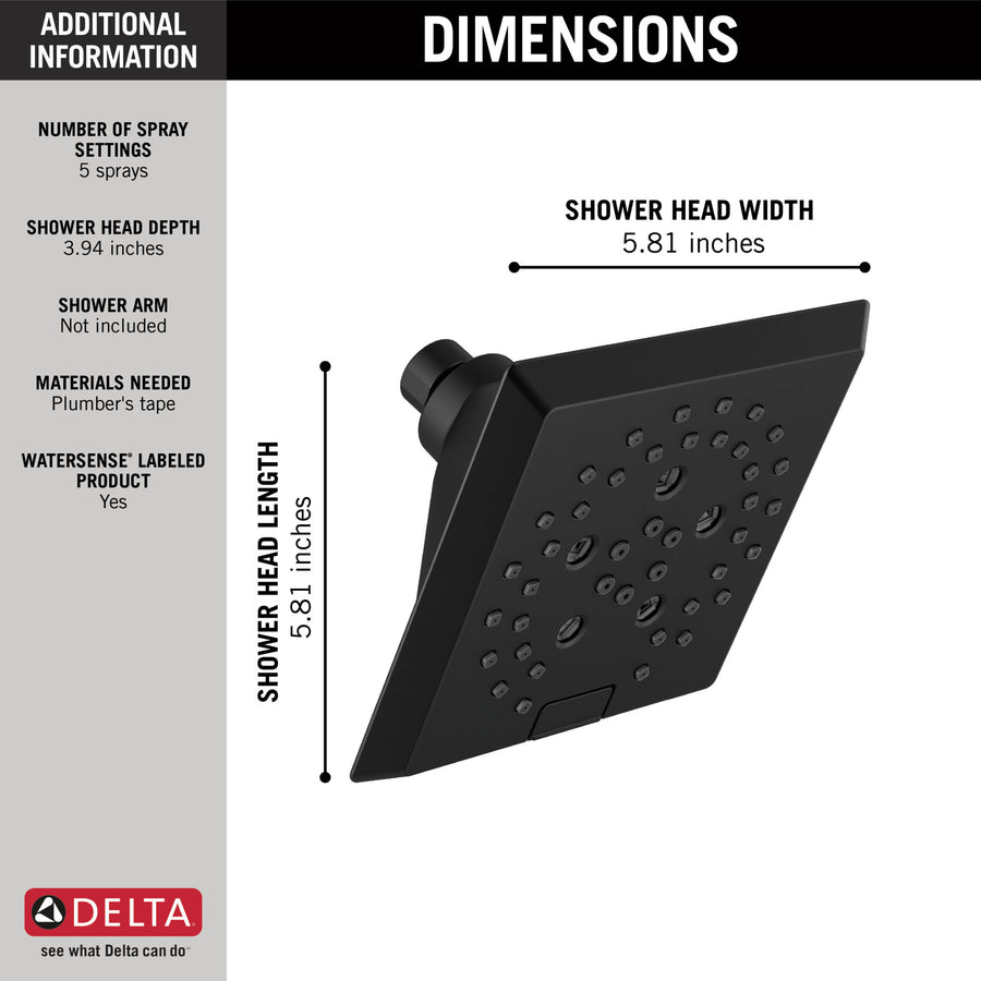 Universal Showering Components Square 1.75 gpm Showerhead in Matte Black - 5 Spray Settings