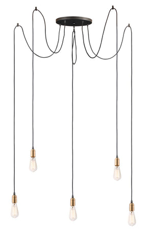 Early Electric 13.75' 5 Light Suspension Pendant in Black and Antique Brass