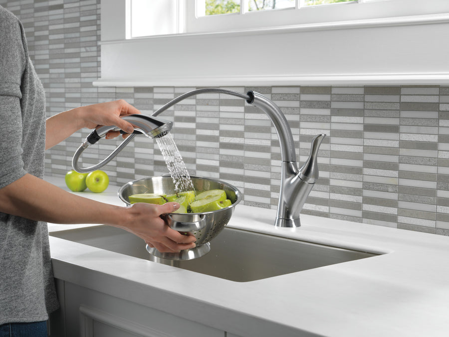 Linden Pull-Out High-Arc Kitchen Faucet in Arctic Stainless