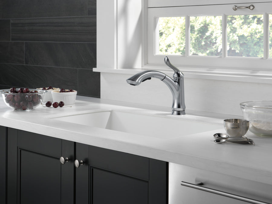 Linden Pull-Out Low-Arc Kitchen Faucet in Arctic Stainless