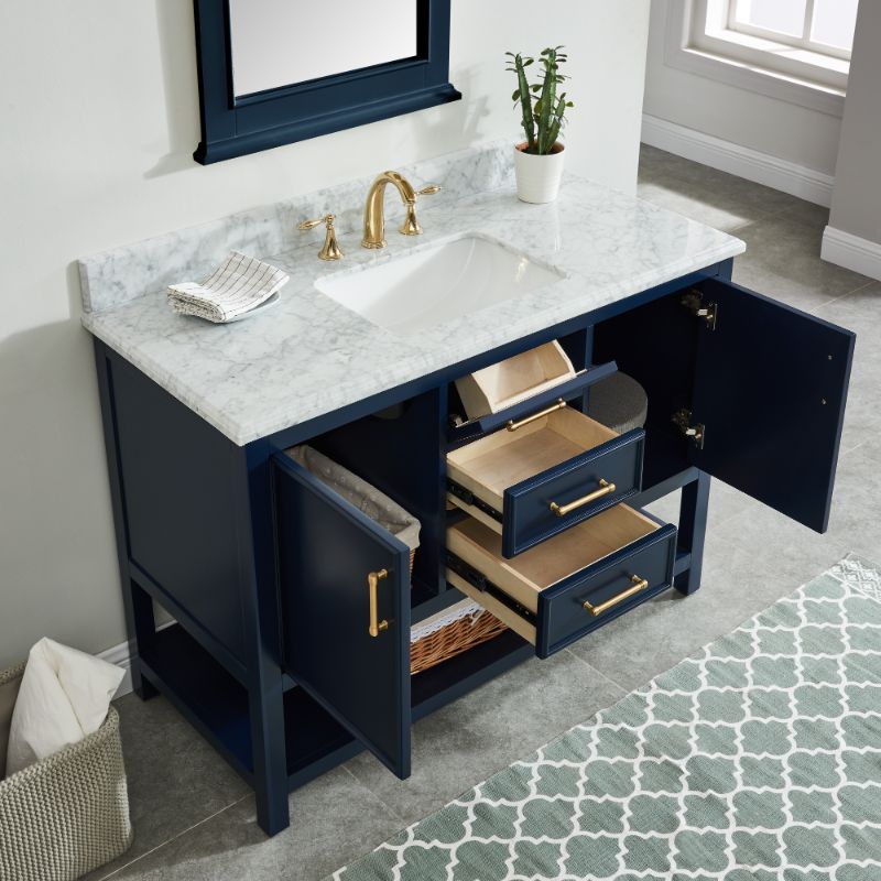 North Harbor Navy Blue Freestanding Cabinet with Single Basin Integrated Sink and Countertop - Three Drawers (49' x 34.75' x 22')