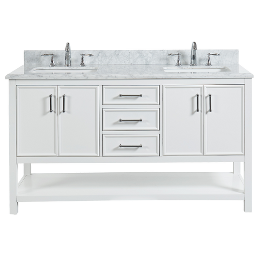 North Harbor White Freestanding Cabinet with Double Basin Integrated Sink and Countertop - Three Drawers (61" x 34.75" x 22")
