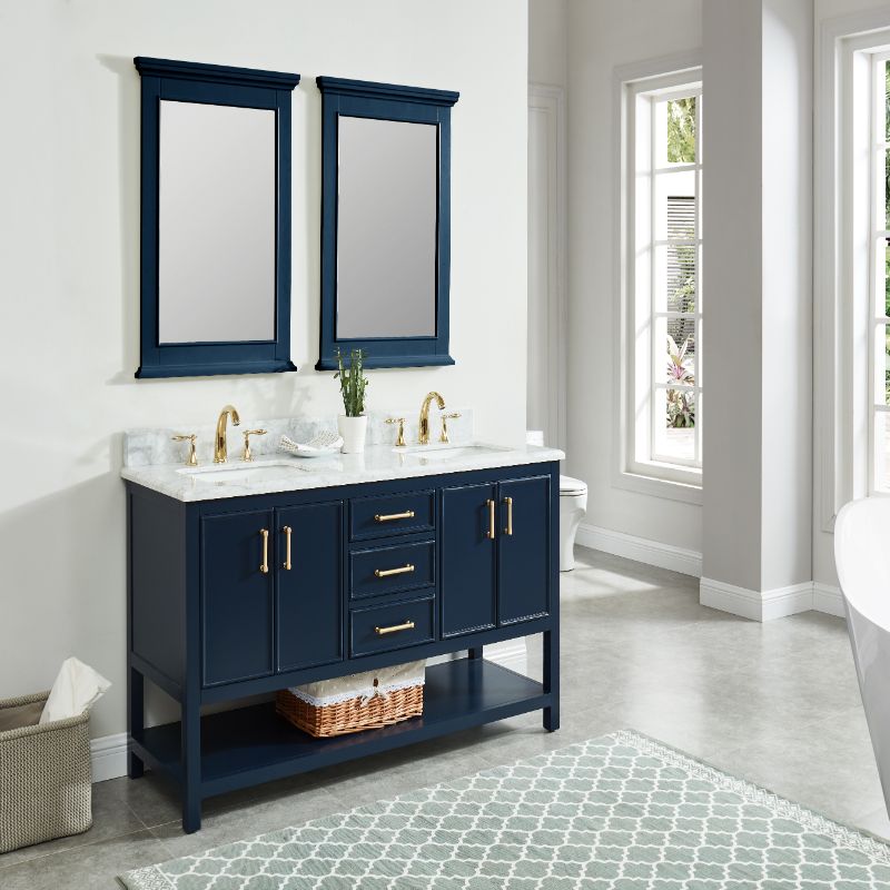 North Harbor Navy Blue Freestanding Cabinet with Double Basin Integrated Sink and Countertop - Three Drawers (61' x 34.75' x 22')
