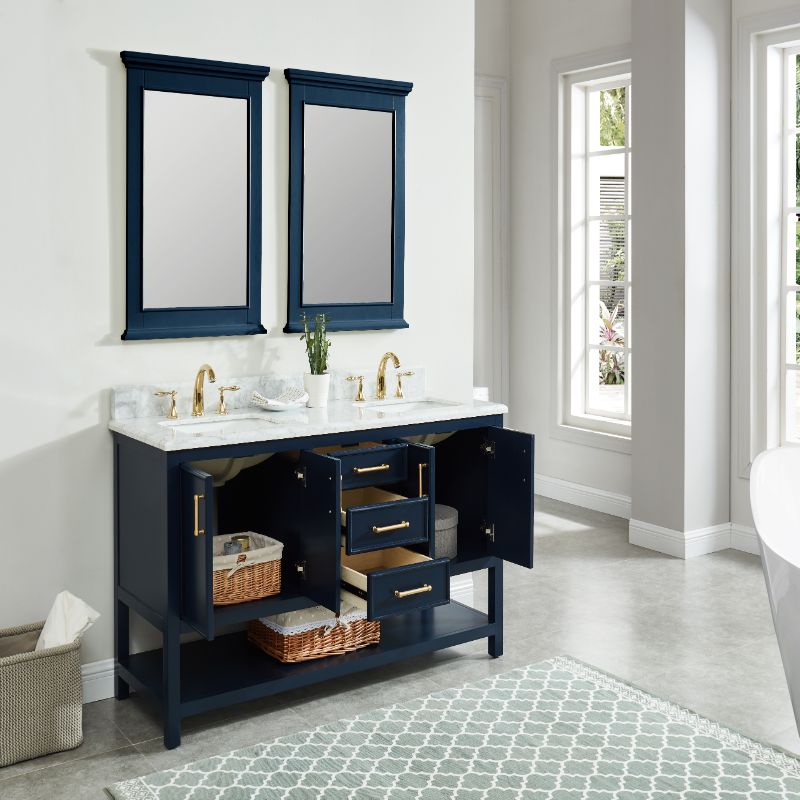 North Harbor Navy Blue Freestanding Cabinet with Double Basin Integrated Sink and Countertop - Three Drawers (61' x 34.75' x 22')