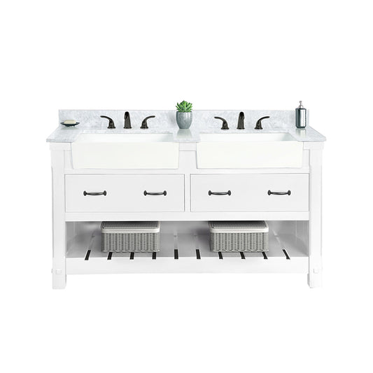 Park Mill White Freestanding Cabinet with Double Basin Integrated Sink and Countertop - Two Drawers (61" x 35" x 22")