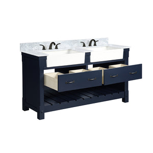Park Mill Navy Blue Freestanding Cabinet with Double Basin Integrated Sink and Countertop - Two Drawers (61' x 35' x 22')