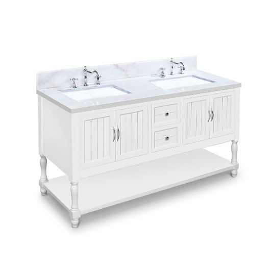 Hartwell Cove Dove White Freestanding Cabinet with Double Basin Integrated Sink and Countertop - Two Drawers (61" x 35" x 22")