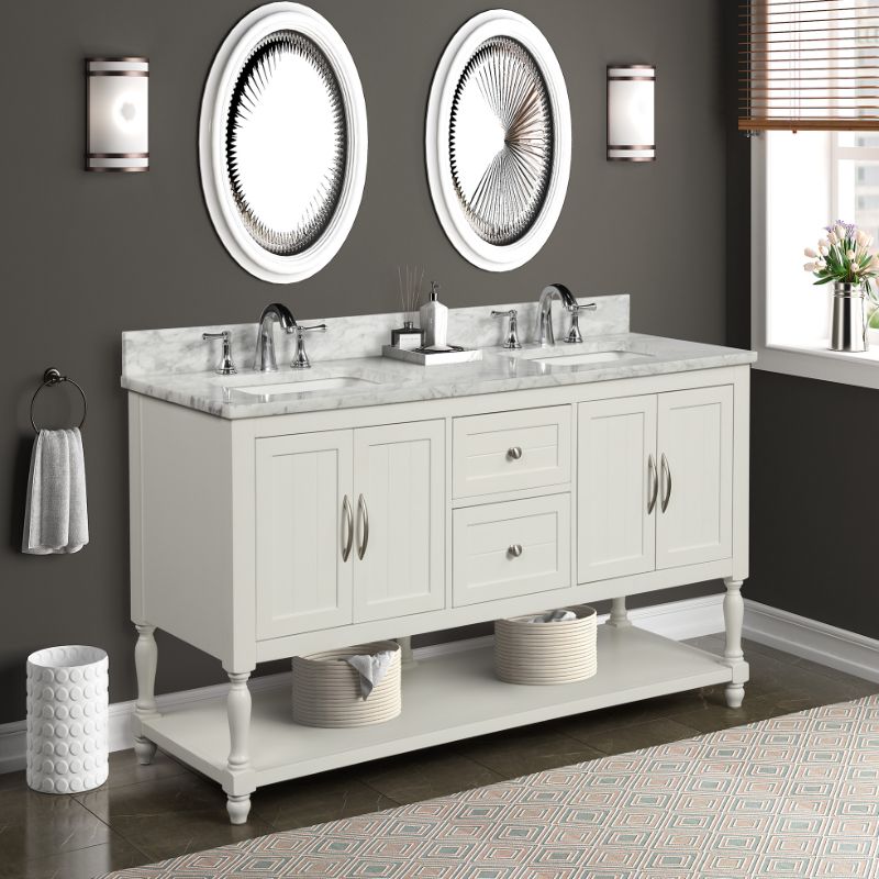 Hartwell Cove Dove White Freestanding Cabinet with Double Basin Integrated Sink and Countertop - Two Drawers (61' x 35' x 22')
