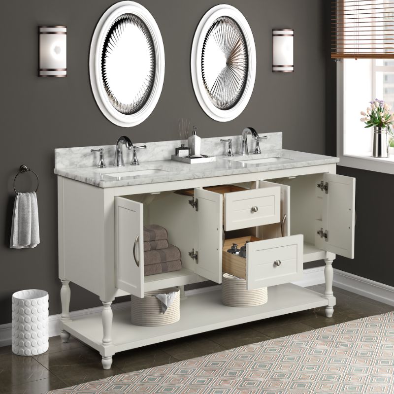 Hartwell Cove Dove White Freestanding Cabinet with Double Basin Integrated Sink and Countertop - Two Drawers (61' x 35' x 22')