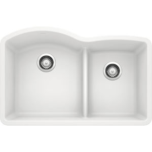 Diamond 32' Granite 60/40 Double-Basin Undermount Kitchen Sink (with Low-Divide) in White (32' x 20.84' x 9.5')