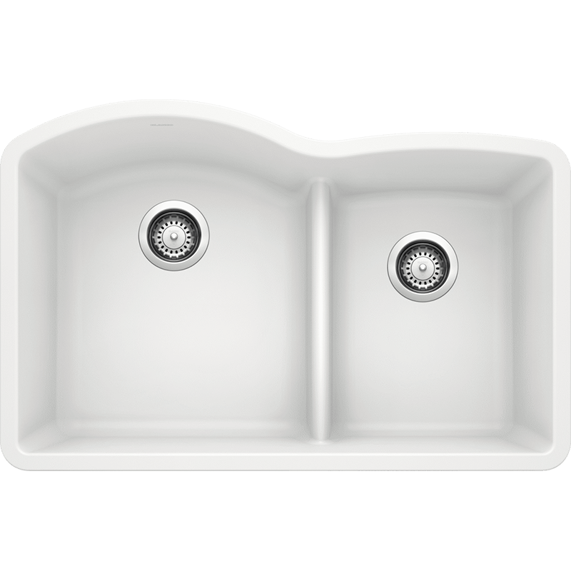 Diamond 32' Granite 60/40 Double-Basin Undermount Kitchen Sink (with Low-Divide) in White (32' x 20.84' x 9.5')