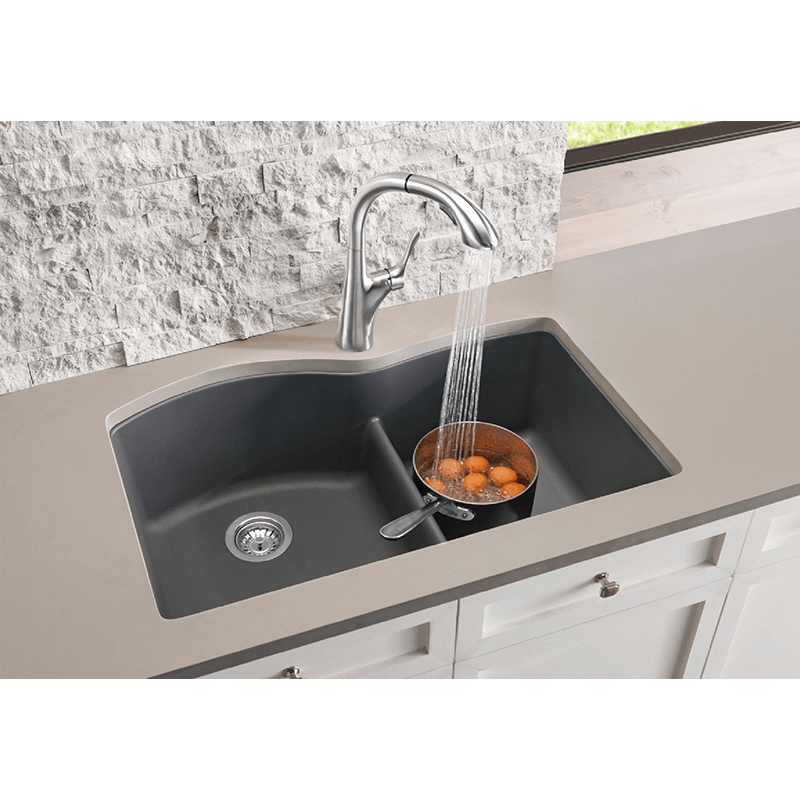 Diamond 32' Granite 60/40 Double-Basin Undermount Kitchen Sink (with Low-Divide) in Truffle (32' x 20.84' x 9.5')