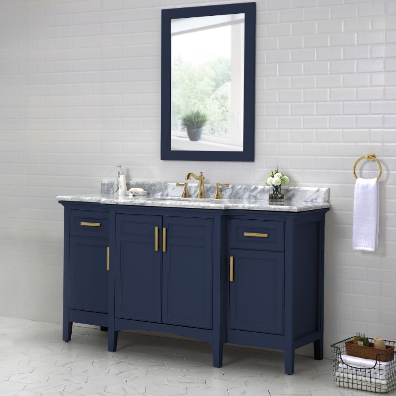 Ellis Midnight Blue Freestanding Vanity with Integrated Sink and Countertop - Four Doors (60' x 34.5' x 22')
