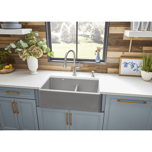 Ikon 33' Granite Double Basin Farmhouse Kitchen Sink in Concrete Grey