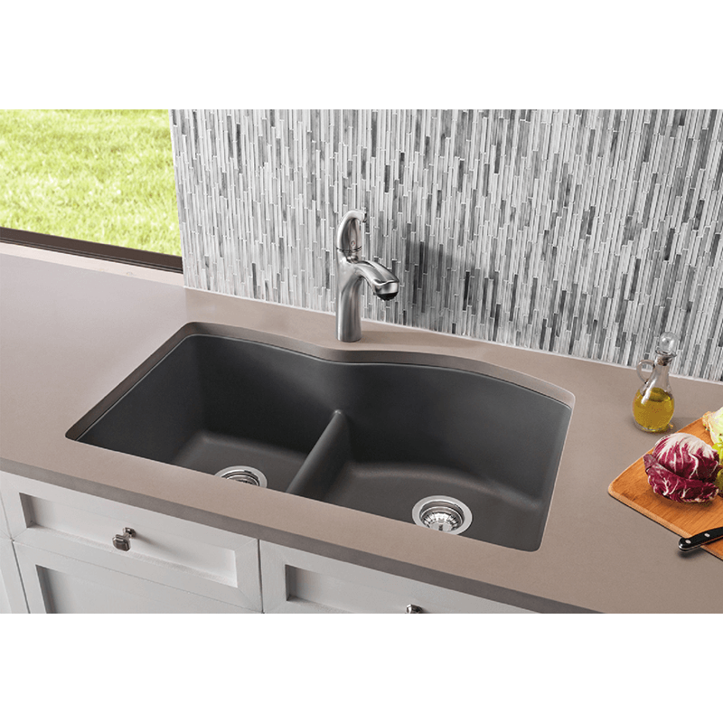 Diamond 32' Granite Double Basin Undermount Kitchen Sink in Cinder (32' x 20.84' x 9.5')