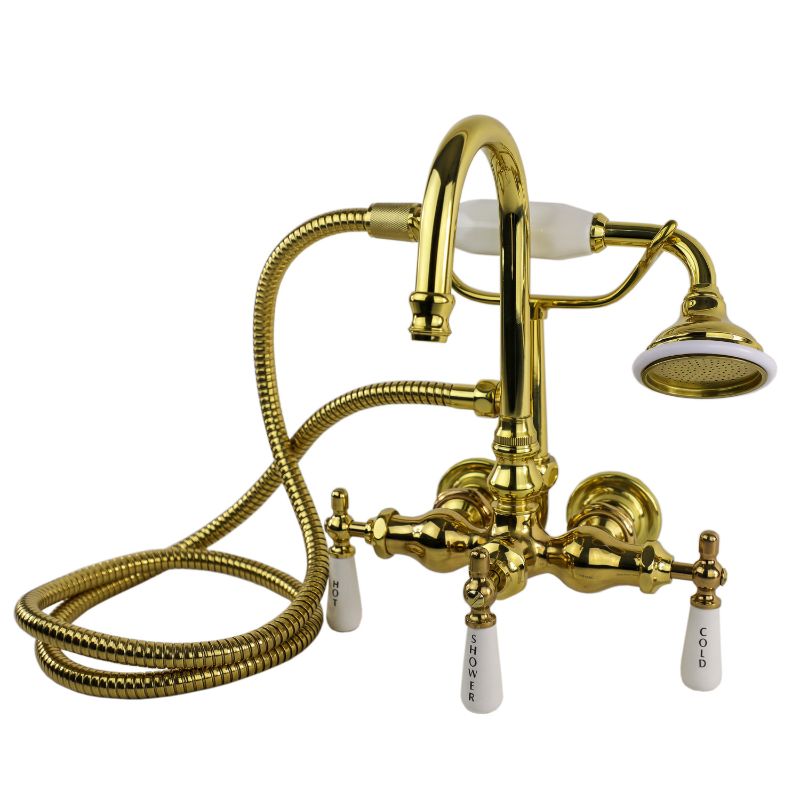 Gooseneck Two-Handle Wall Mount Bathtub Faucet in Polished Brass