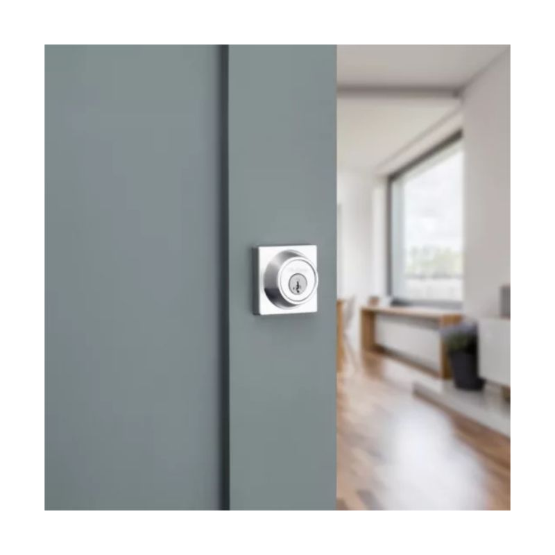 Halifax Square Interior/Exterior SmartKey Deadbolt in Satin Chrome - Round Face Adjustable Latch