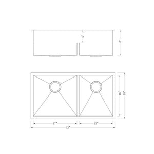 Sela 33' Double Basin Undermount Kitchen Sink with Low Divide in Stainless Steel