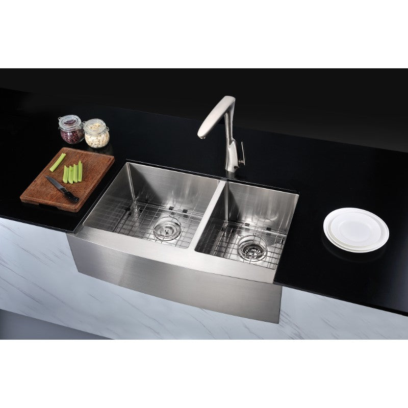 Elysian 32.88' Double Basin Farmhouse Apron Kitchen Sink in Brushed Satin