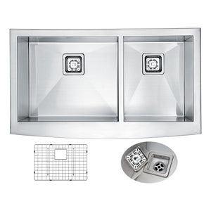 Elysian 32.88' Double Basin Farmhouse Apron Kitchen Sink with Square Drain in Brushed Satin