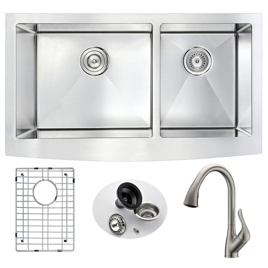 Elysian 32.88" Double Basin Farmhouse Apron Kitchen Sink with Accent Pull-Down Faucet in Brushed Nickel