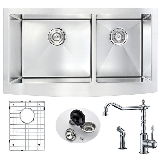 Elysian 32.88" Double Basin Farmhouse Apron Kitchen Sink with Locke Single-Handle Faucet in Polished Chrome
