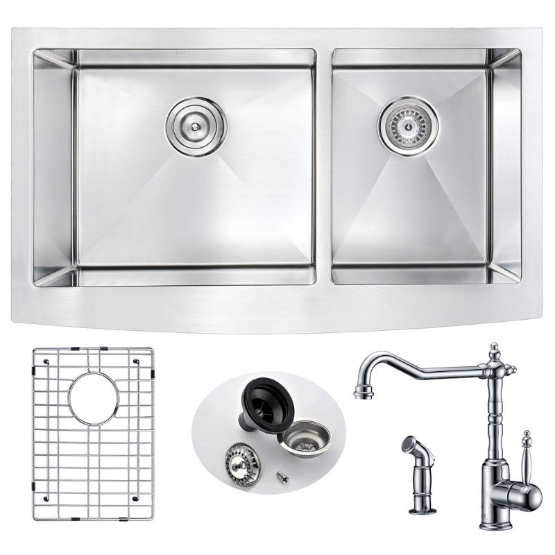 Elysian 32.88' Double Basin Farmhouse Apron Kitchen Sink with Locke Single-Handle Faucet in Polished Chrome