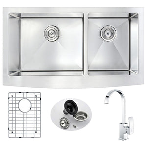 Elysian 32.88' Double Basin Farmhouse Apron Kitchen Sink with Opus Single-Handle Faucet in Polished Chrome