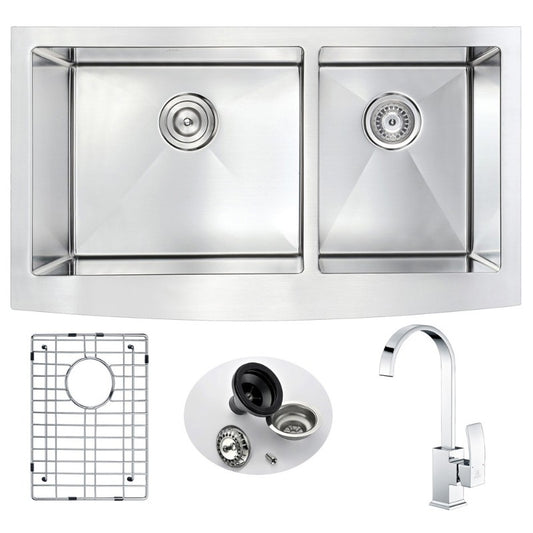 Elysian 32.88" Double Basin Farmhouse Apron Kitchen Sink with Opus Single-Handle Faucet in Polished Chrome