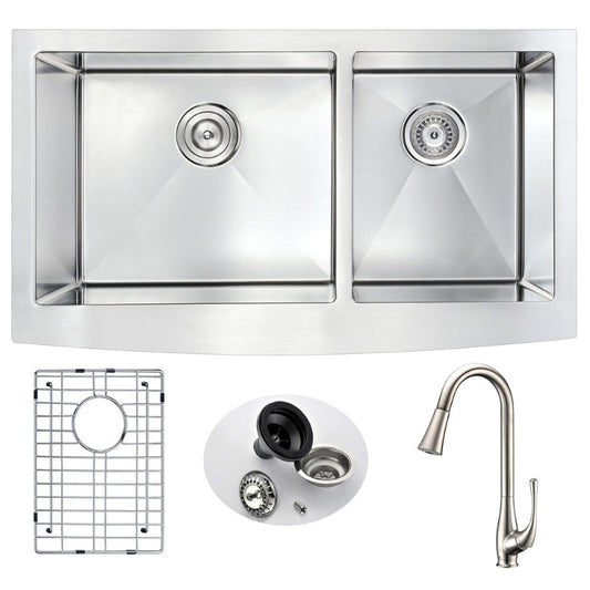 Elysian 32.88" Double Basin Farmhouse Apron Kitchen Sink with Singer Pull-Down Faucet in Brushed Nickel