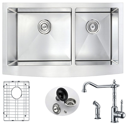 Elysian 35.88" Double Basin Farmhouse Apron Kitchen Sink with Locke Single-Handle Faucet in Polished Chrome