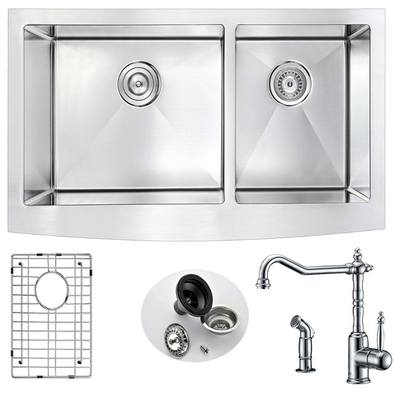 Elysian 35.88' Double Basin Farmhouse Apron Kitchen Sink with Locke Single-Handle Faucet in Polished Chrome