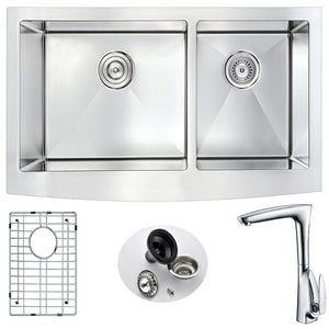 Elysian 35.88' Double Basin Farmhouse Apron Kitchen Sink with Timbre Single-Handle Faucet in Polished Chrome
