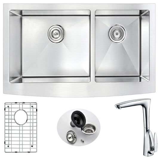 Elysian 35.88" Double Basin Farmhouse Apron Kitchen Sink with Timbre Single-Handle Faucet in Polished Chrome